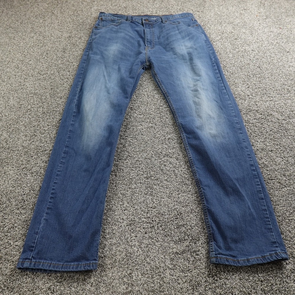 Levis Jeans Mens 38X32 Dark Blue Denim Pants 505 Straight Fade Whiskered Stretch